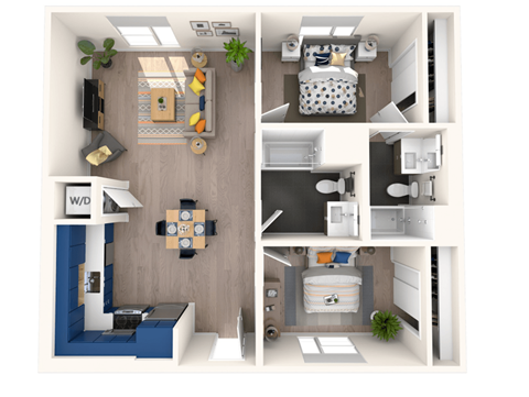 Floor plan for 2 beds, 2 baths, 859 sqft